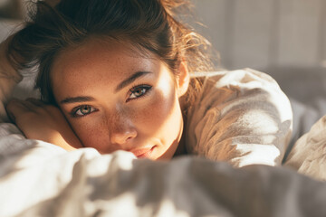 Bright and gentle morning ambiance featuring a beautiful woman lying peacefully in bed. Great for self-care, sleep wellness, and cozy home life visuals.