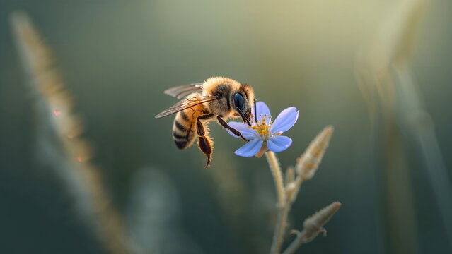 Macro shot of a bee pollinating a delicate blue flower in soft natural light. Lush greens, detailed textures, and peaceful atmosphere—perfect for eco, nature, or wellness content.