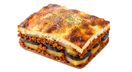 A close up shot of a moussaka dish with layers of eggplant meat sauce and a creamy topping baked golden brown on transparent background