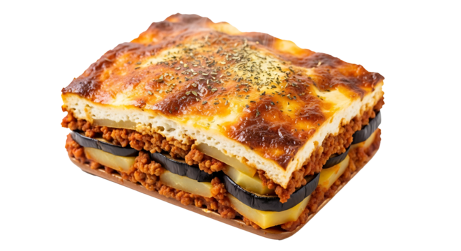A close up shot of a moussaka dish with layers of eggplant meat sauce and a creamy topping baked golden brown on transparent background