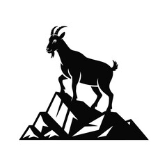 Black silhouette of a goat standing on a rocky mountain peak isolated on white background silhouette