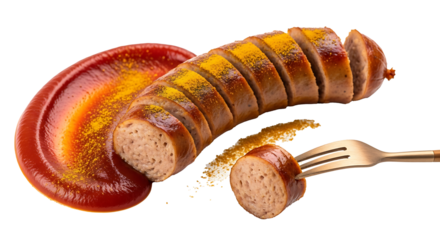 A sliced sausage with ketchup and curry powder on a black background and a fork holding a slice of it on transparent background