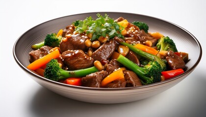 a vibrant bowl of sweet and sour beef stir fry features colorful vegetables pine and a glossy sauce garnished with fresh herbs served on white surface