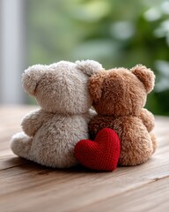 Romantic Teddy Bears In Garden Mood, Tender Love Symbolized By Crocheted Heart On Soft Wooden Surface, Gentle And Affectionate Mood