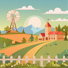 Fototapeta premium Idyllic countryside landscape with windmill, farm, mountains, and scenic fence
