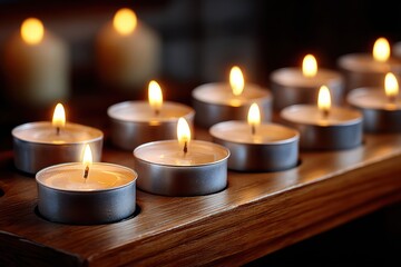 Warm Wooden Holder With Small Silver Cups, Closeup Of Flickering Tea Light Candle Flames, Creating A Soft, Serene Mood With Visible Grain