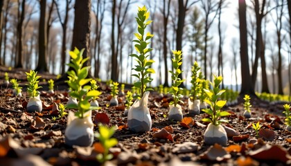 Obraz premium a tranquil scene of a field with small trees that have been recently planted