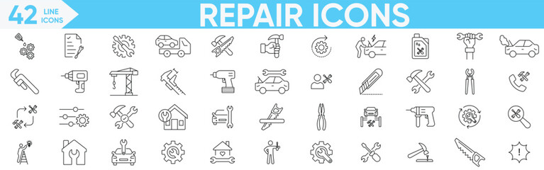 Repair line icon vector and illustrator set.car repair, maintenance, toolbox, car mechanic, home, construction, mechanic and more.vector illustration editable stroke.