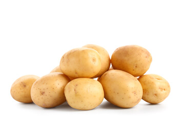 Heap of raw baby potatoes on white background