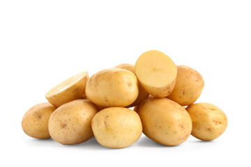 Heap of raw baby potatoes on white background