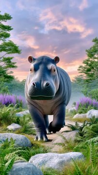 Majestic Hippopotamus Walking on a Scenic Path Amidst Lush Greenery and Vibrant Flowers Under a Beautiful Colorful Sky at Dusk