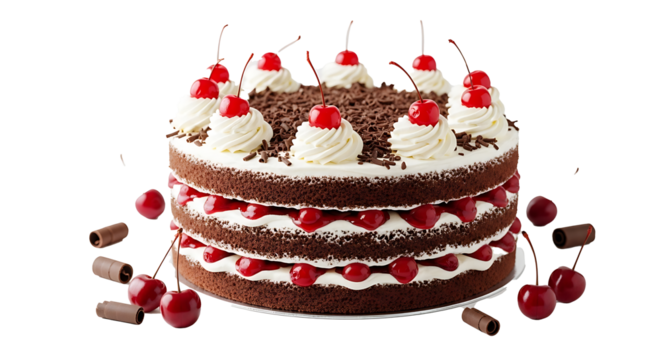A three layered black forest cake topped with whipped cream and cherries with chocolate shavings around it on transparent background