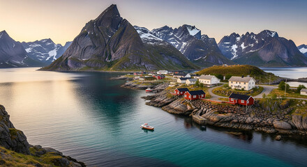 Picturesque coastal village nestled at the foot of dramatic mountains in Lofoten, Norway, reflected in the calm blue waters of the fjord under a partly cloudy sky.