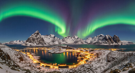 Breathtaking display of green and purple aurora illuminating the night sky over a charming coastal village in Lofoten, Norway.
