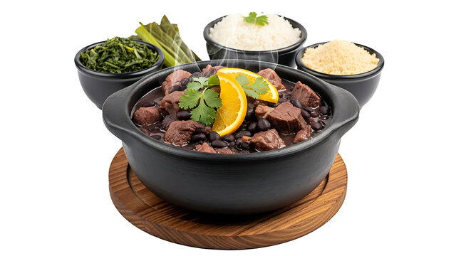 A black bowl filled with feijoada garnished with orange slices and cilantro on a wooden board with sides on transparent background