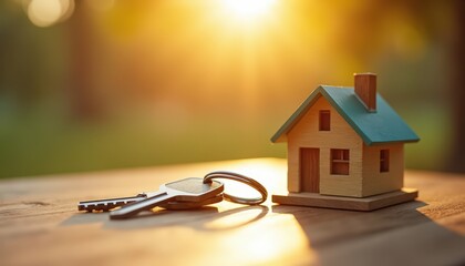 Cozy Miniature House with Keys in Golden Sunlight  Real Estate Concept first time buyer buying a new home