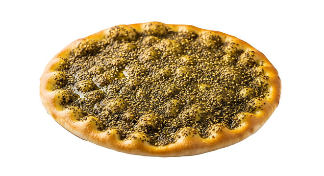 A close up shot of a manouche flatbread with zaatar and sesame seeds on a black background space 100 on transparent background