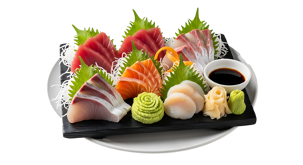 A platter of assorted sashimi with tuna salmon scallops wasabi ginger and soy sauce on a white plate on transparent background