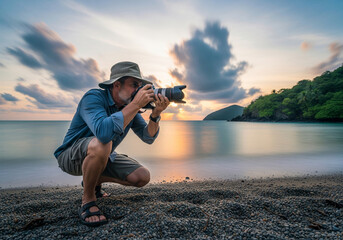 A nature photographer with a backpack capturing the stunning coastal scenery with his DSLR camera.
