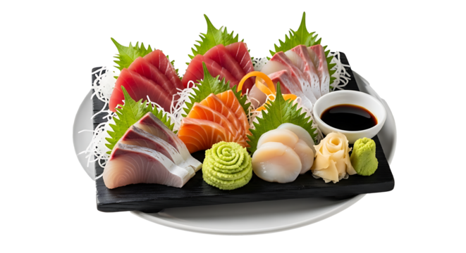 A platter of assorted sashimi with tuna salmon scallops wasabi ginger and soy sauce on a white plate on transparent background