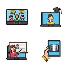 Flat cartoon icons of virtual classroom, online teaching, academic success, and reading ebook on tablet screen