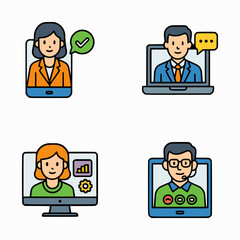 Colorful cartoon avatars of business professionals in video conferencing screens using computers and mobile devices
