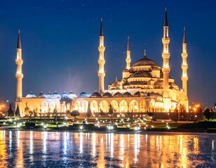 Obraz premium Night view with illuminated mosque, and Turkey.