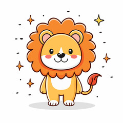 Adorable Lion Cub with Orange Mane Surrounded by Sparkling Stars in Cartoon Style