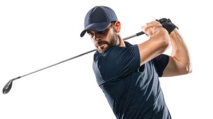 Athletic male golfer preparing to swing against a white isolate background.