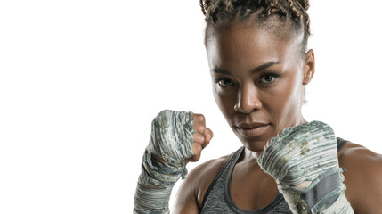 Athletic female boxer ready for the match, focused expression, fists up, isolated on white background.