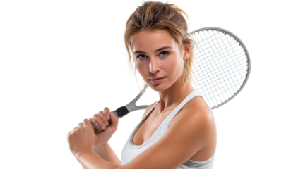 Athletic woman holding a tennis racket, ready for action, white isolated background.