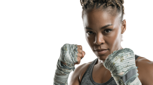 Athletic female boxer ready for the match, focused expression, fists up, isolated on white background. - Powered by Adobe