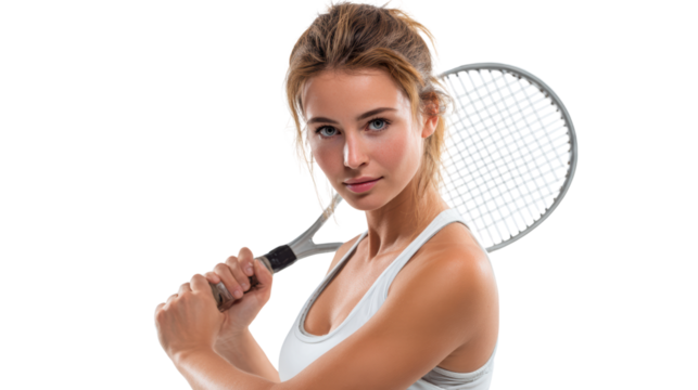 Athletic woman holding a tennis racket, ready for action, white isolated background.