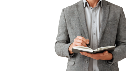 Businessman writing in a notebook, isolated on white background.