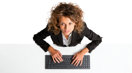 Businesswoman working on a keyboard, top view, isolated background.