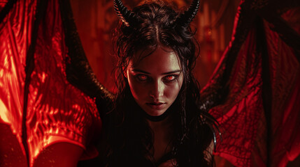 Sultry succubus with glowing crimson eyes and horned silhouette emerging from fiery red shadows in seductive pose radiating temptation and demonic allure