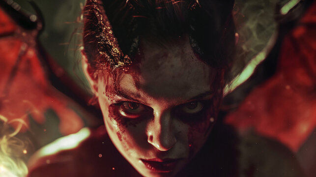 Seductive succubus demon with glowing red eyes in intimate pose, representing temptation and supernatural allure for dark fantasy and horror entertainment content