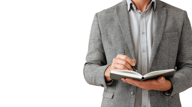 Businessman writing in a notebook, isolated on white background.