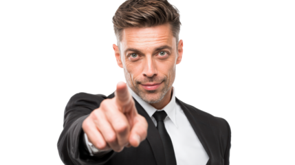 Confident businessman in a suit pointing directly at the viewer, isolated on a white background.