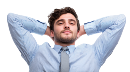 Confident businessman relaxing with hands behind head, promoting a stress-free workplace atmosphere.