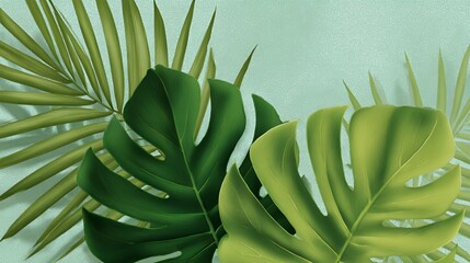 Obraz premium Vibrant Green Tropical Leaves on a Sparkling Mint Green Background