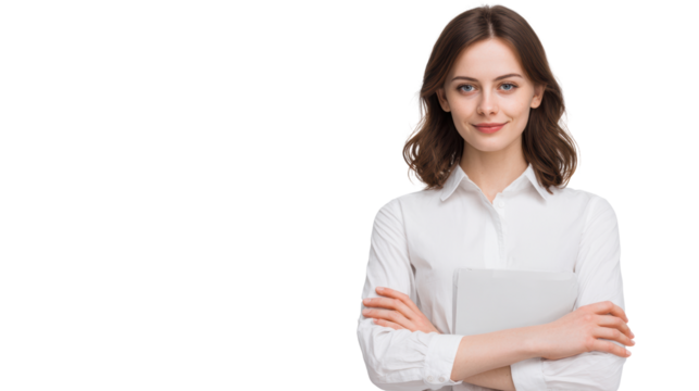 Confident businesswoman smiling with arms crossed holding a tablet in a professional setting, isolated background.