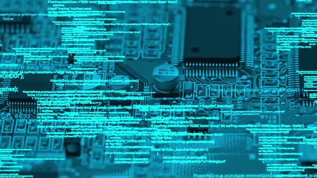 digital data coding programming animation with animated circuit board, develop the circuit, train the model artificial intelligence concept
