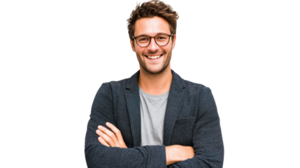 Confident young man smiling with arms crossed, wearing glasses and casual outfit, on white isolate background.