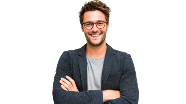 Confident young man smiling with arms crossed, wearing glasses and casual outfit, on white isolate background.