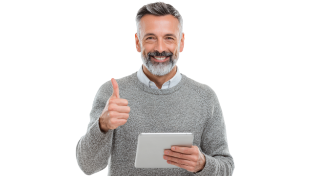 Happy man holding tablet with thumbs up, positive energy, isolated on white background.