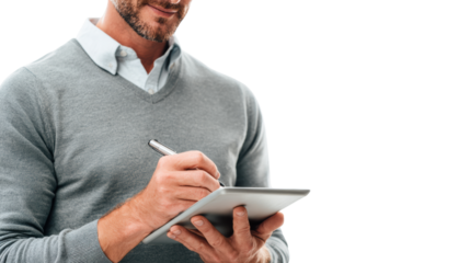 Man using digital tablet to take notes, dressed in casual attire, isolated on white background.