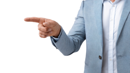 Man's hand pointing to the right, isolated on white background.