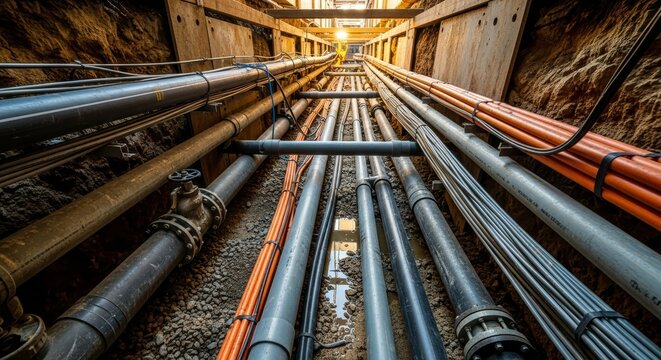 Underground pipeline infrastructure with various pipes and cables. Utility trench for urban development and construction project.
