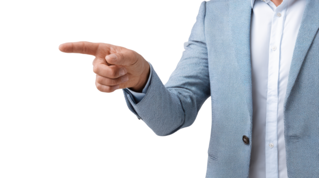 Man's hand pointing to the right, isolated on white background.